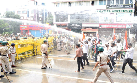 Water canon applied during Youth Congress protest in Agartala. 